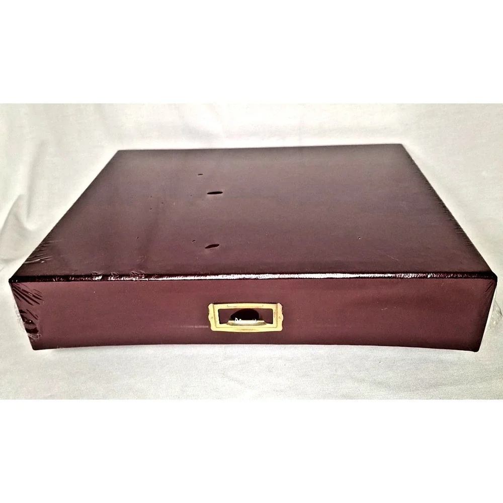 Burgundy Faux Leather Document Storage Box Brass Label Holder Legal 12x15x3 Lid